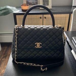 Chanel Top Handle Black Quilted Shoulder Bag with Gold Accents